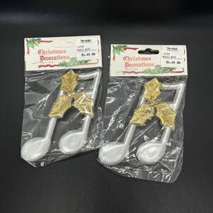 Vintage NOS White Gold Musical Note Plastic Christmas Ornaments 4” Bronner’s